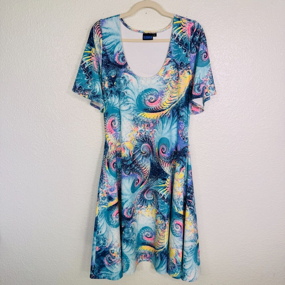 Elhoffer Essential Dress Women Large Psychedelic Fossils Flutter Sleeve Colorful